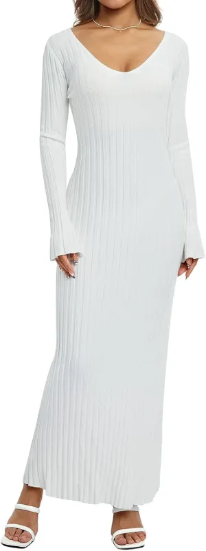 Women Ribbed Knit Maxi Dress Long Sleeve V Neck Slim Fit Bodycon Pencil Maxi Dress Party Clubwear Dresses