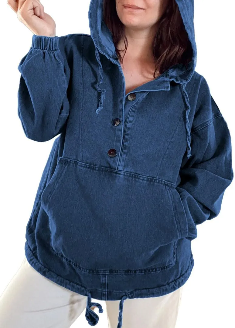 Women's Denim Hoodie Button Down Pullover Jacket Jean Sweatshirt Tops