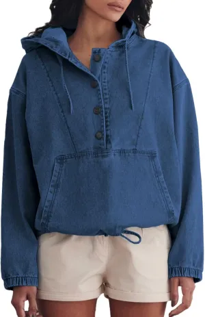 Women's Denim Hoodie Button Down Pullover Jacket Jean Sweatshirt Tops