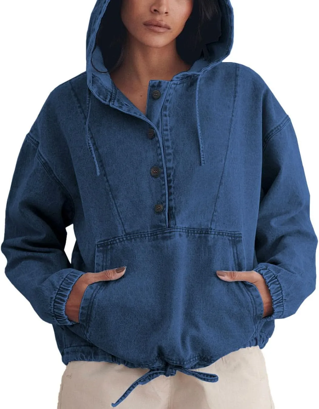 Women's Denim Hoodie Button Down Pullover Jacket Jean Sweatshirt Tops