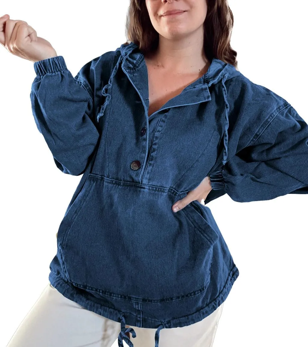 Women's Denim Hoodie Button Down Pullover Jacket Jean Sweatshirt Tops