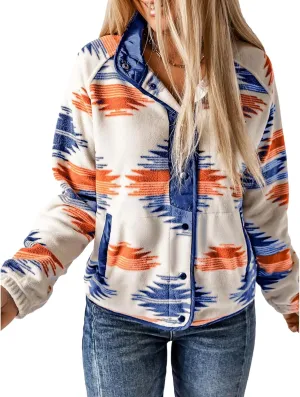 Women's Fleece Jacket Vintage Aztec Print Snap Button Down Casual Long Sleeve Shacket Coats Shirt with Pockets