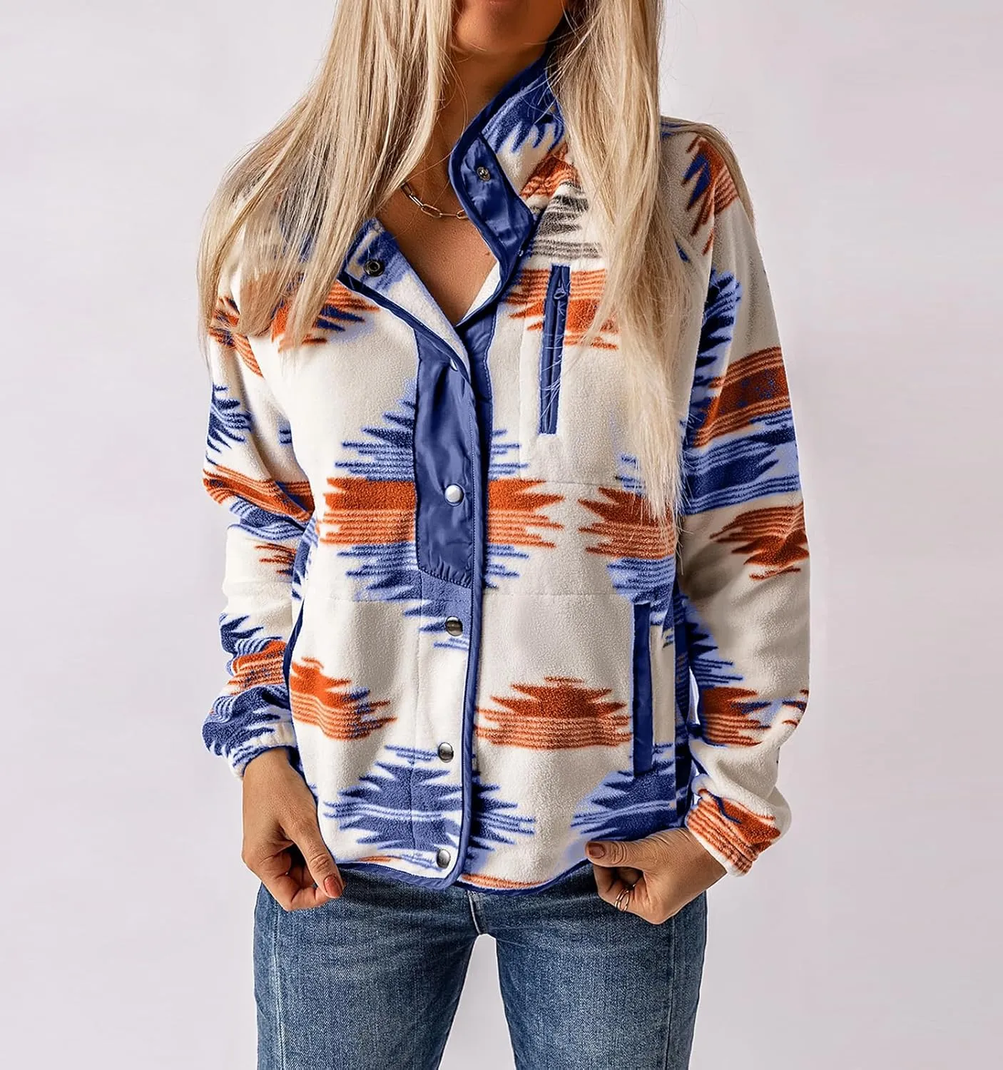 Women's Fleece Jacket Vintage Aztec Print Snap Button Down Casual Long Sleeve Shacket Coats Shirt with Pockets