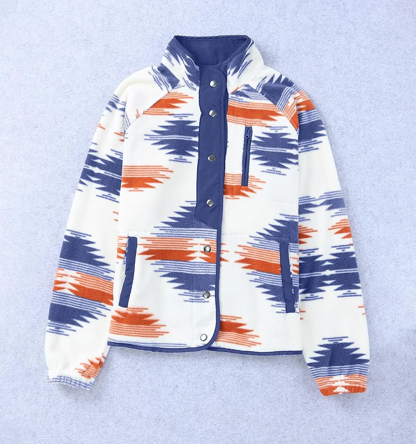 Women's Fleece Jacket Vintage Aztec Print Snap Button Down Casual Long Sleeve Shacket Coats Shirt with Pockets