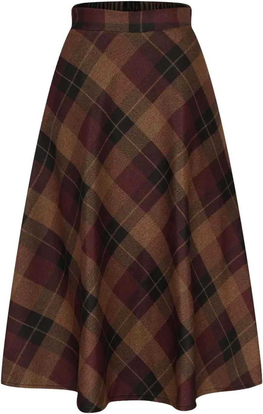 Women's Retro Woolen Plaid Skirt Winter Fall Warm High Waisted Maxi Skirt A line Flared Pleated Tartan Skirts