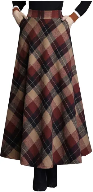 Women's Retro Woolen Plaid Skirt Winter Fall Warm High Waisted Maxi Skirt A line Flared Pleated Tartan Skirts