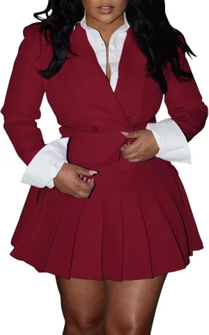 Womens Suits 2 Piece Set Casual Double Breasted Crop Jacket Blazer Top & High Waist Pleated Mini Skirt Sets