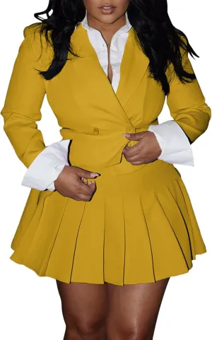 Womens Suits 2 Piece Set Casual Double Breasted Crop Jacket Blazer Top & High Waist Pleated Mini Skirt Sets