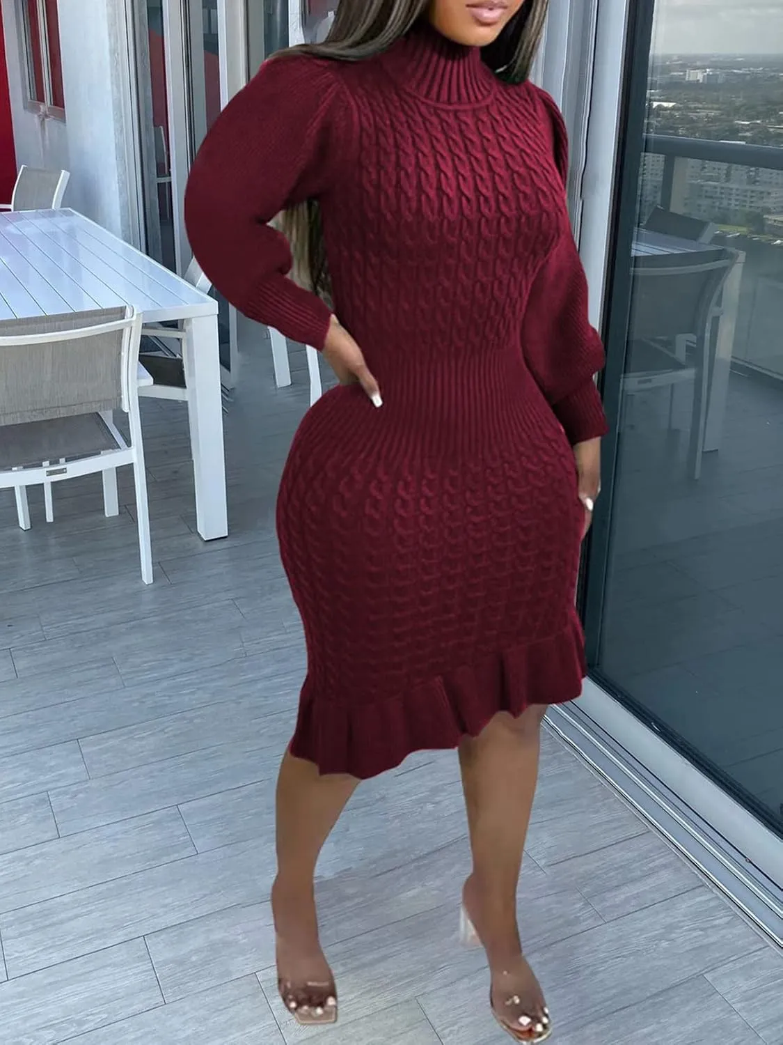 Women's Sweater Dress 2023 Fall High Neck Long Sleeve Chunky Cable Knit Pullover Sweaters Dress