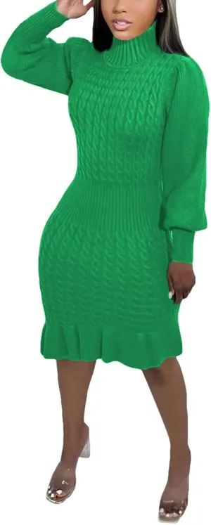 Women's Sweater Dress 2023 Fall High Neck Long Sleeve Chunky Cable Knit Pullover Sweaters Dress
