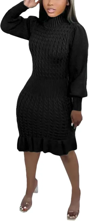 Women's Sweater Dress 2023 Fall High Neck Long Sleeve Chunky Cable Knit Pullover Sweaters Dress