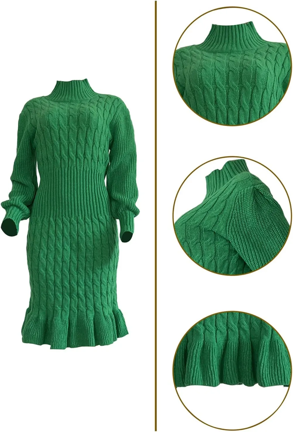 Women's Sweater Dress 2023 Fall High Neck Long Sleeve Chunky Cable Knit Pullover Sweaters Dress
