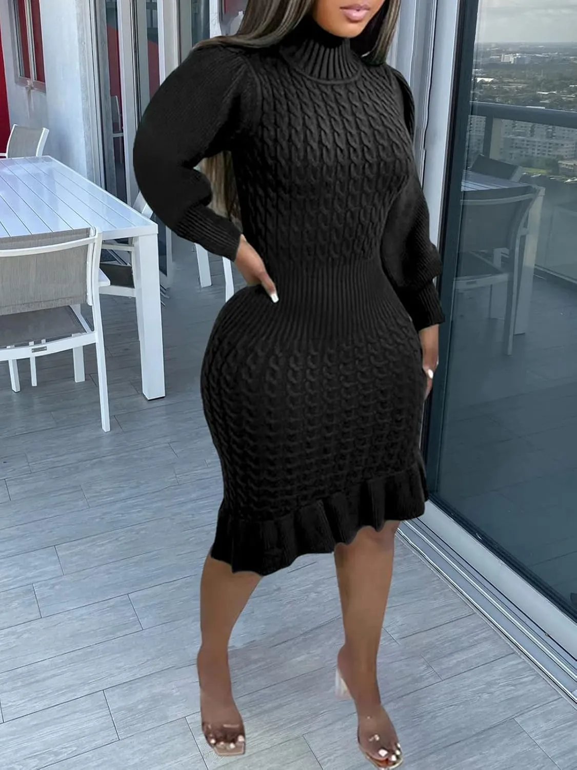 Women's Sweater Dress 2023 Fall High Neck Long Sleeve Chunky Cable Knit Pullover Sweaters Dress