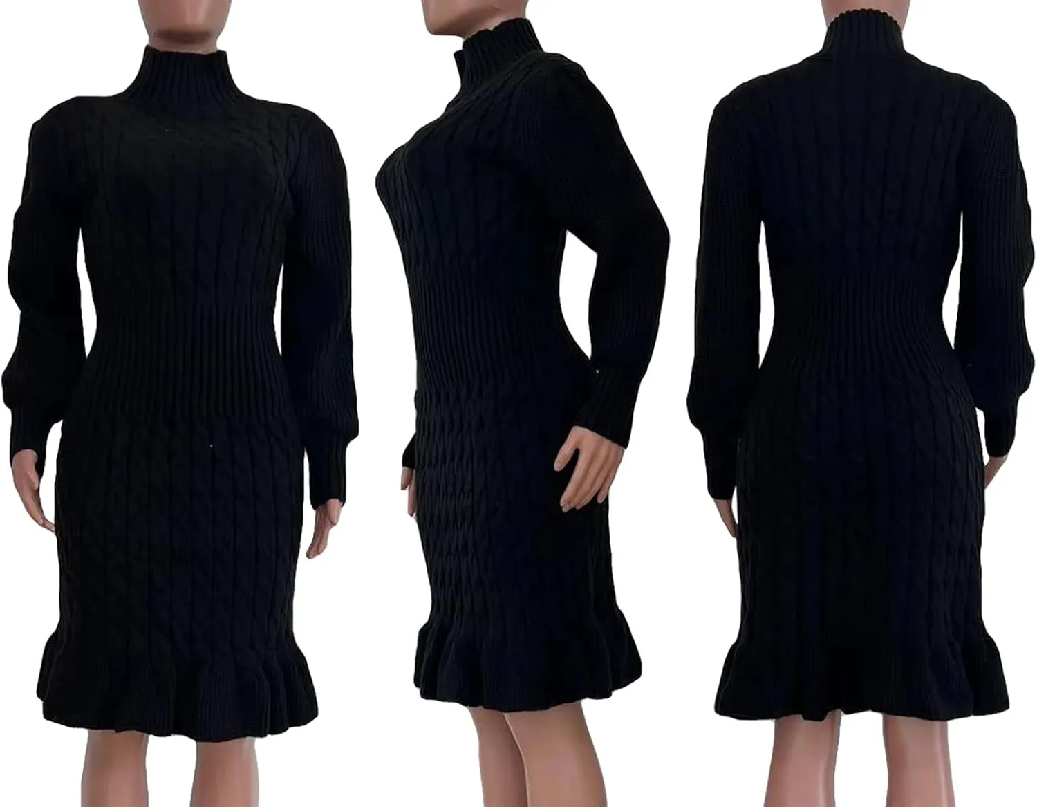 Women's Sweater Dress 2023 Fall High Neck Long Sleeve Chunky Cable Knit Pullover Sweaters Dress
