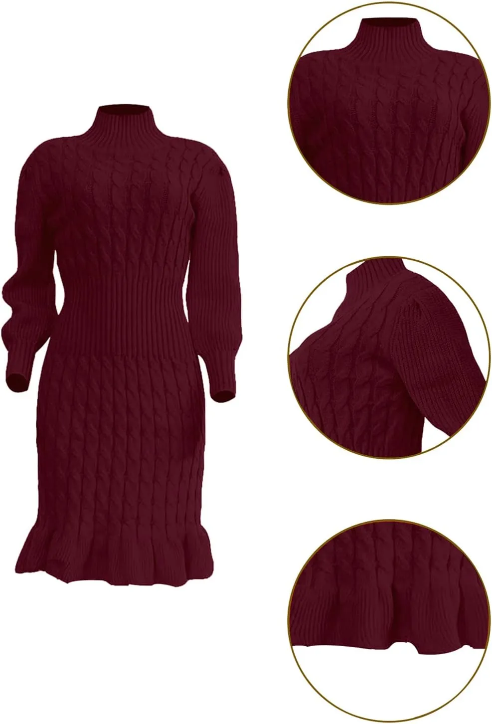Women's Sweater Dress 2023 Fall High Neck Long Sleeve Chunky Cable Knit Pullover Sweaters Dress
