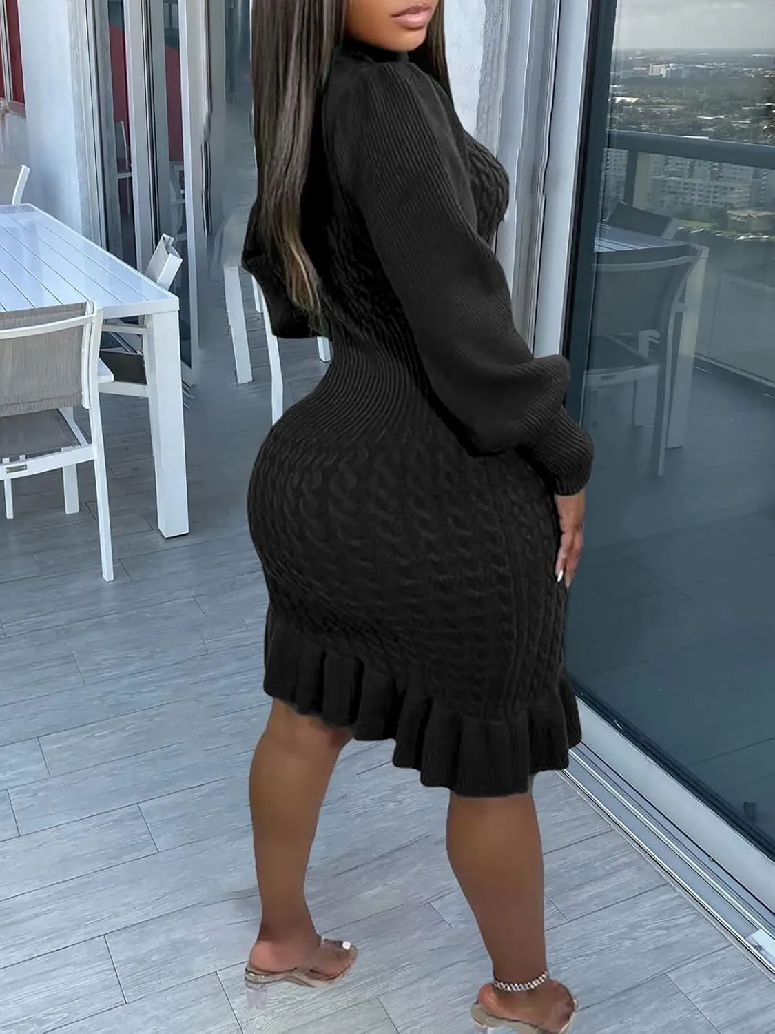 Women's Sweater Dress 2023 Fall High Neck Long Sleeve Chunky Cable Knit Pullover Sweaters Dress