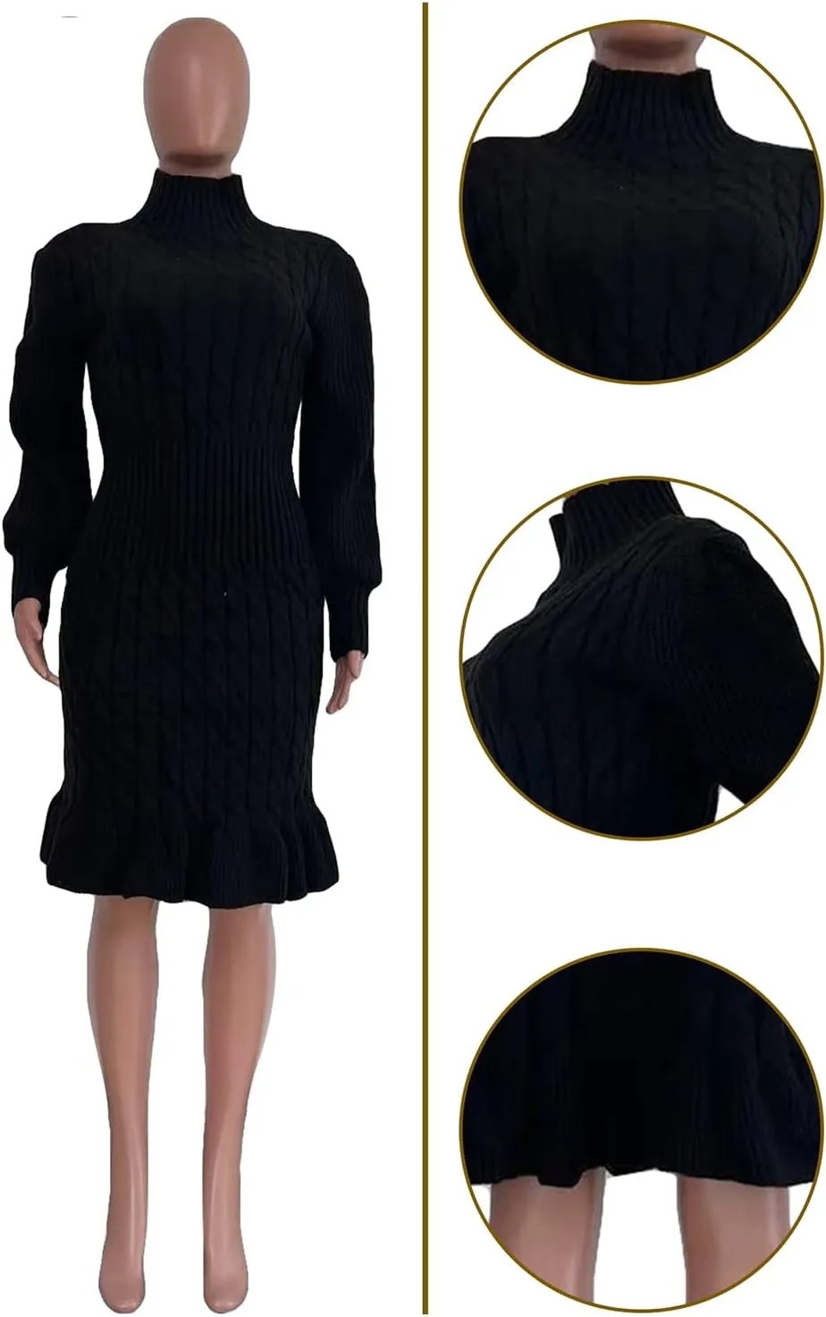 Women's Sweater Dress 2023 Fall High Neck Long Sleeve Chunky Cable Knit Pullover Sweaters Dress