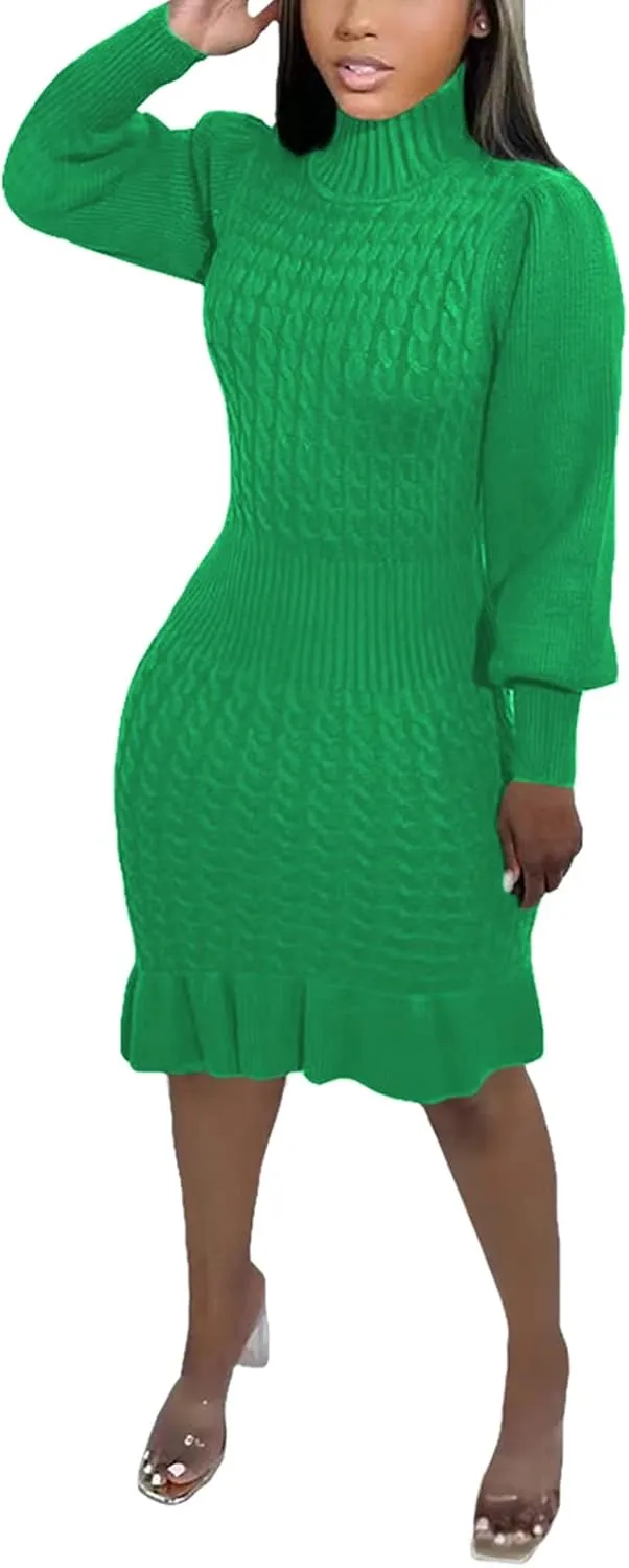 Women's Sweater Dress 2023 Fall High Neck Long Sleeve Chunky Cable Knit Pullover Sweaters Dress