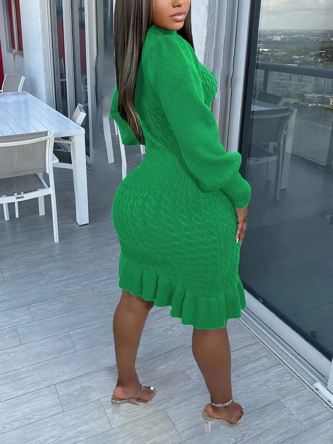 Women's Sweater Dress 2023 Fall High Neck Long Sleeve Chunky Cable Knit Pullover Sweaters Dress