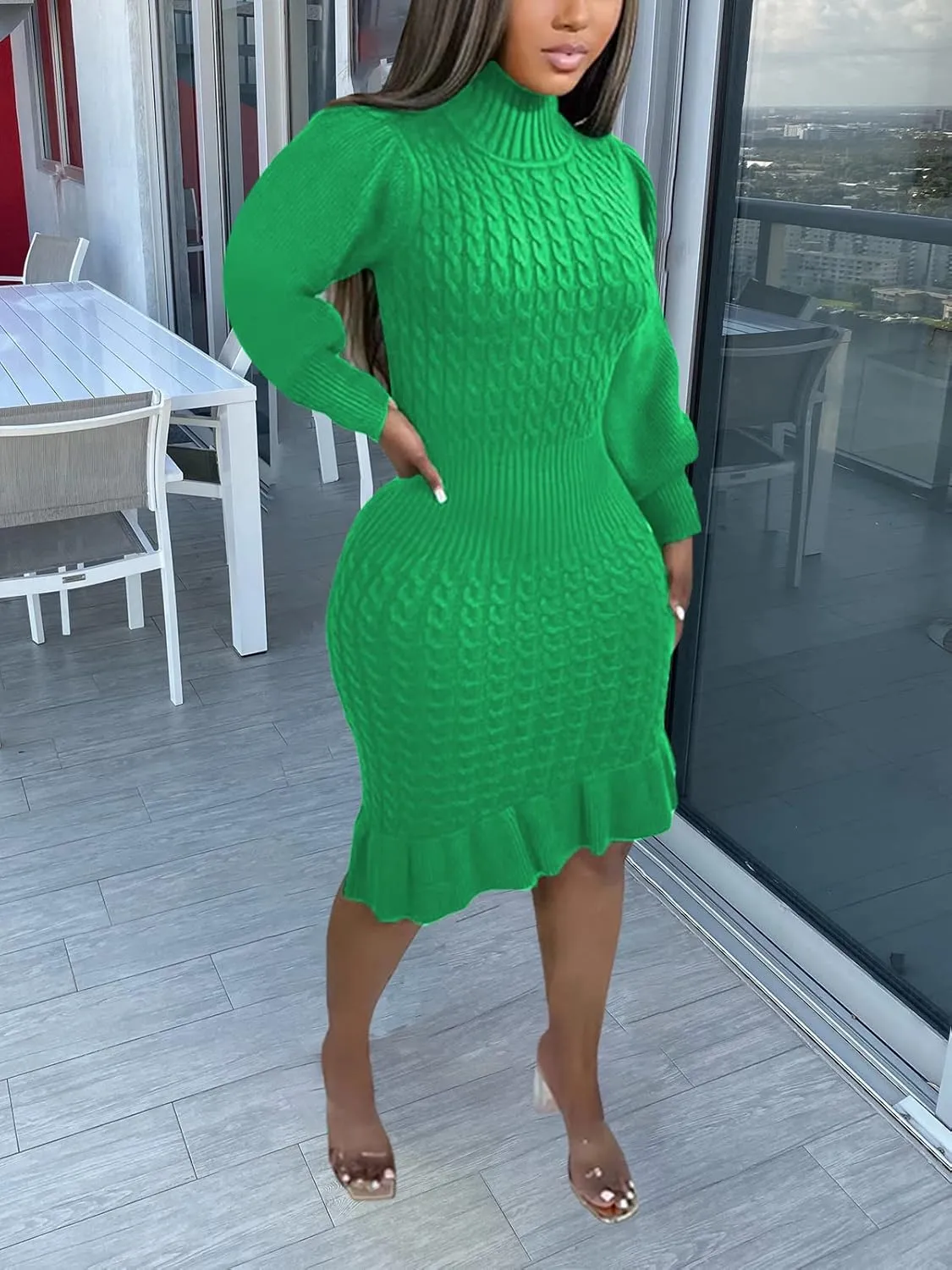 Women's Sweater Dress 2023 Fall High Neck Long Sleeve Chunky Cable Knit Pullover Sweaters Dress