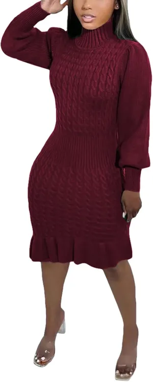 Women's Sweater Dress 2023 Fall High Neck Long Sleeve Chunky Cable Knit Pullover Sweaters Dress
