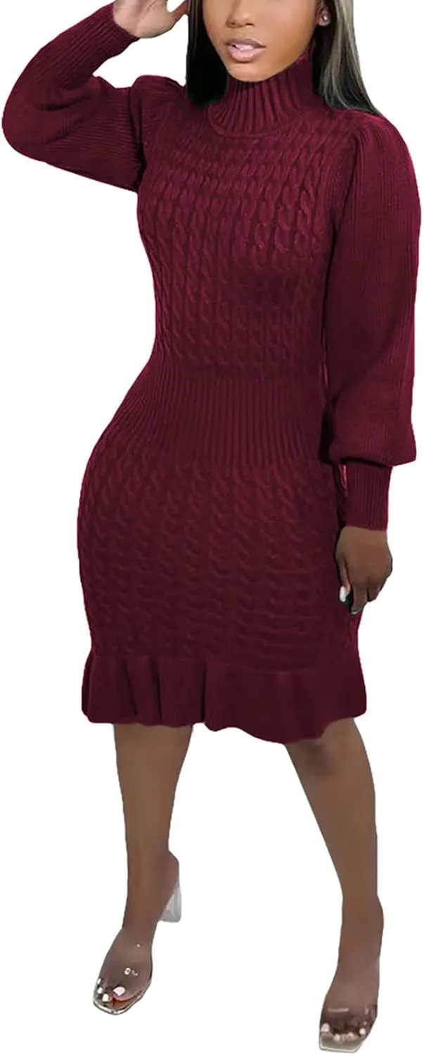 Women's Sweater Dress 2023 Fall High Neck Long Sleeve Chunky Cable Knit Pullover Sweaters Dress