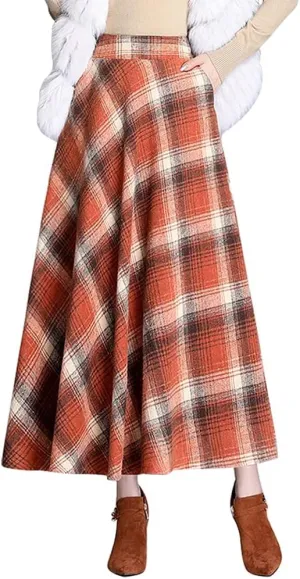 Ylingjun Long Plaid Wool Skirt for Womens Winter Fall High Elastic Waist A Line Flared Pleated Wool Skirts