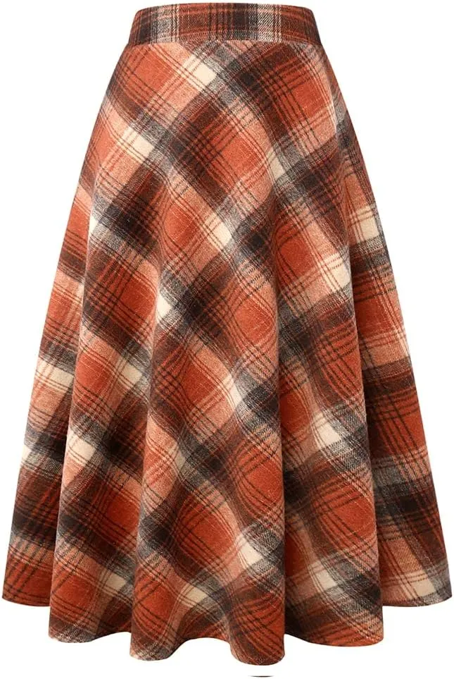 Ylingjun Long Plaid Wool Skirt for Womens Winter Fall High Elastic Waist A Line Flared Pleated Wool Skirts