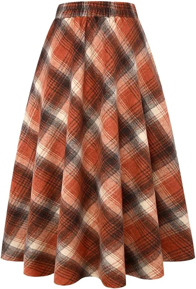 Ylingjun Long Plaid Wool Skirt for Womens Winter Fall High Elastic Waist A Line Flared Pleated Wool Skirts