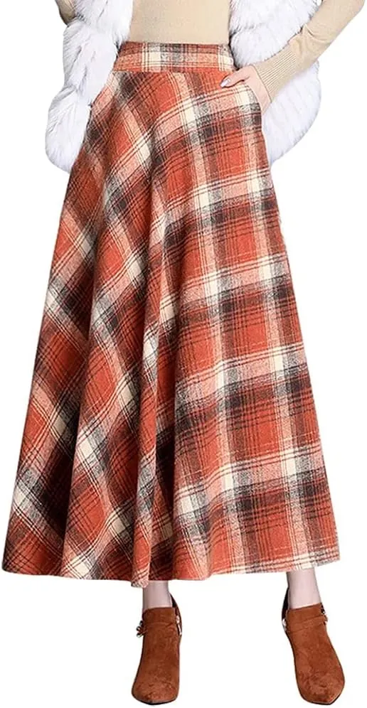 Ylingjun Long Plaid Wool Skirt for Womens Winter Fall High Elastic Waist A Line Flared Pleated Wool Skirts