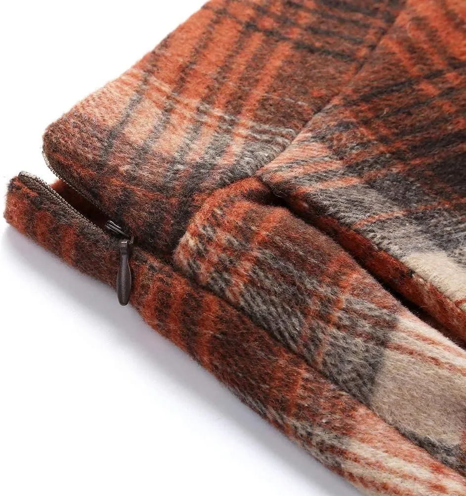 Ylingjun Long Plaid Wool Skirt for Womens Winter Fall High Elastic Waist A Line Flared Pleated Wool Skirts