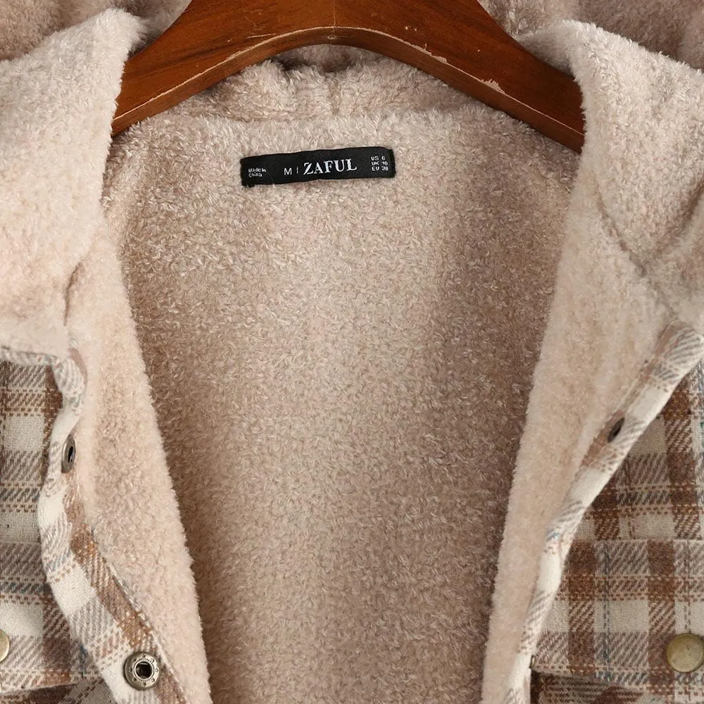 ZAFUL Women's Plaid Fleece Lined Hooded Jacket Button Up Oversized Fuzzy Coat Checkered Flannel Hoodie Jacket